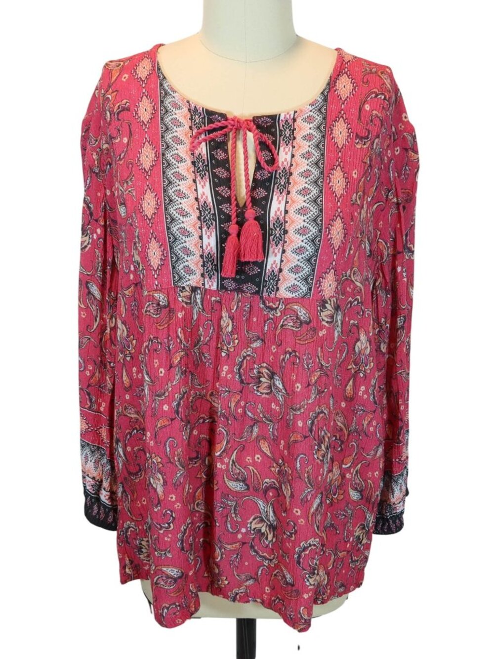 GARNET HILL Border Print Boho Peasant Top Size 8 Pink Black Cottagecore Crinkle